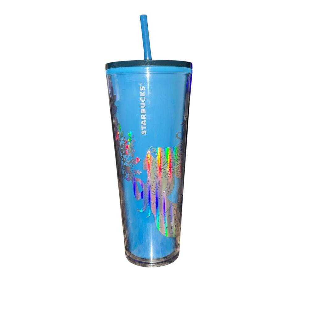 Starbucks Cold Cup Tumbler Blue Siren Mermaid 2021 24 Oz Holiday W/ Lid Straw
